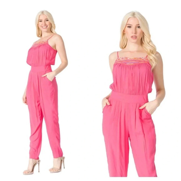 NWT $160 Bcbg Max Azria Bright Neon Pink Embroidered Sleeveless Jumpsuit Size M - Picture 1 of 12